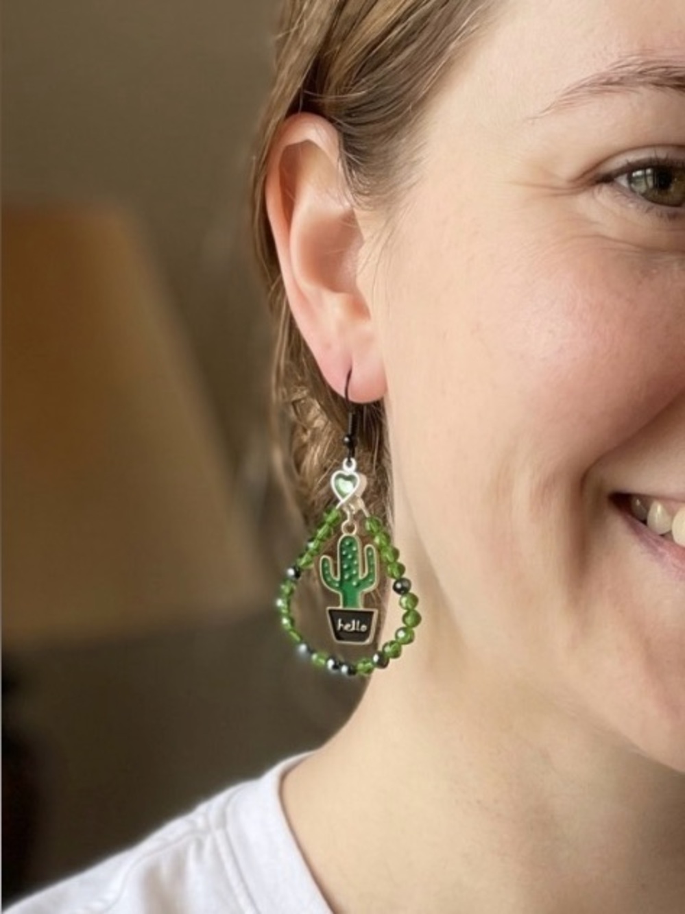 Green Cactus Beaded Hoop Earrings with 'Hello' Pot Charm